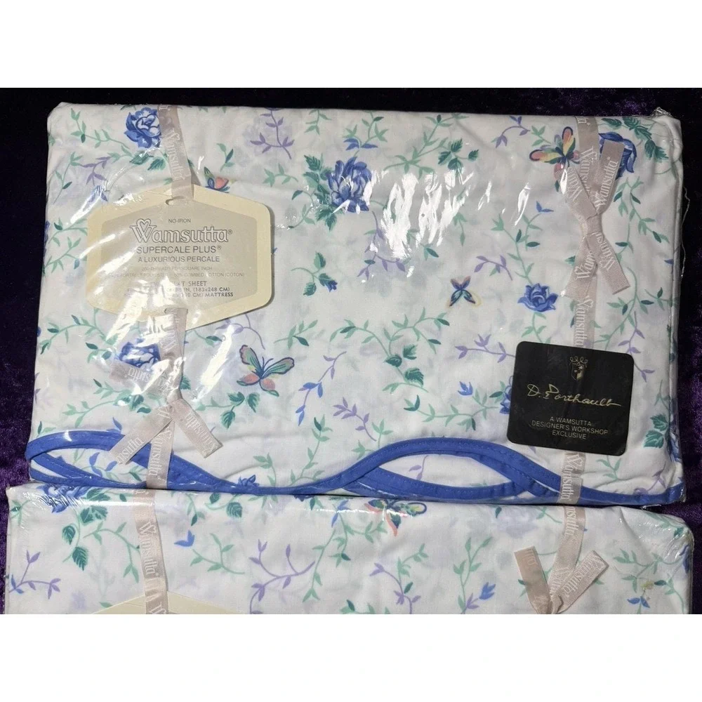 Wamsutta D Porthault Sheet Set TWIN Pompadour Blue Floral Vtg Sheets Butterfly